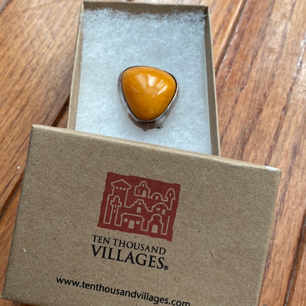 Ten Thousand Villages, amber colored brooch, EUC